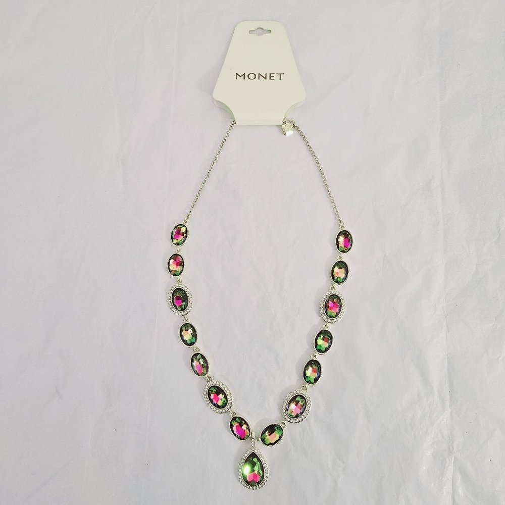 Monet Colorful Rainbow Stones Statement Necklace rainbow pink green yellow NWT - Picture 4 of 10